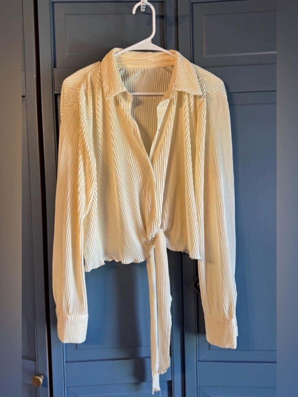 NWT classic chic Cream tie plisse Blouse with collar and hidden buttons